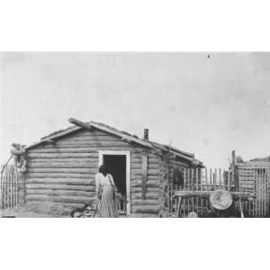  Woman and dog outside log cabin