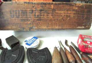 LOT antique SHOE COBBLER REPAIR KIT +WOOD BOX+TOOLS  