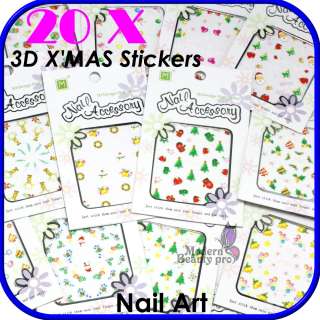 20 Sheet 3D Festival Christmas Cute Style Nail Art Tips XMAS Sticker 