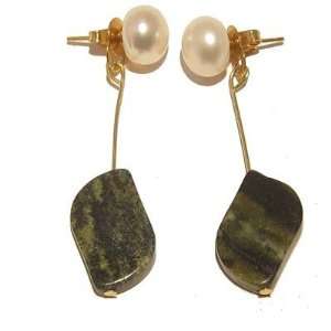  Pearl Earrings 03 Serpentine 14 Karat Gold White Green 