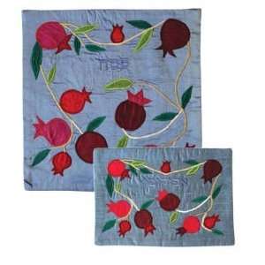  Raw Silk Matzah Cover Set   Pomegranates Blue Kitchen 