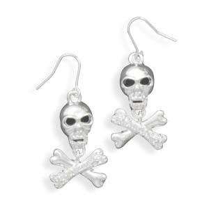 Crystal Skull and Cross Bone French Wire Earrings