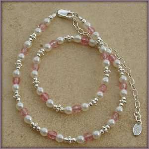   Girl Necklace with gorgeous white czech pearls and pink crystals