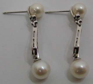 Beautiful Pearl & .16ctw Diamond 14K White Gold Dangle Earrings 4.6g 
