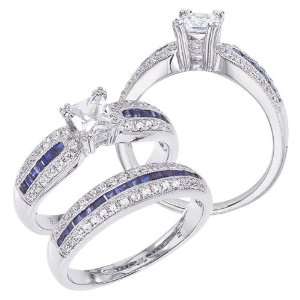   Gold Qpid Collection Diamond Bridal Set With Princess Blue Sapphires