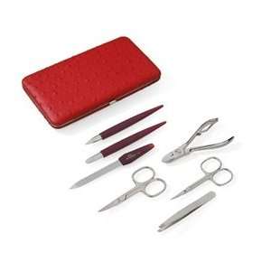  Manicure Set for Women in Red Ostrich Cowhide Leather Case 