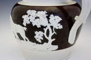   ENGLISH STAFFORDSHIRE BROWN AND WHITE POTTERY PITCHER 