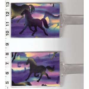   of 2 Luggage Tags Made with Horse Horses Running in Sunset Blue Fabric