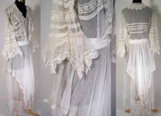Edwardian Vintage White Net Crochet Lace Pleated Tiered Handkerchief 