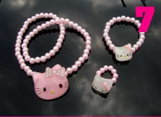 Hello Kitty Necklace, Ring, Bracelet 3 piece Gift Set White or Pink 