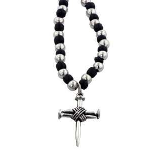   Alloy   Triple Nail Cross on Black & Silver Beaded Necklace Jewelry