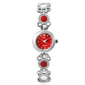  Fashion Circle White Red Dial Round Face Crystals Womens 
