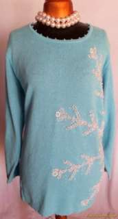   Sweater 1X Blue White Pearls Sequins Long Sleeve DISCOUNTED  