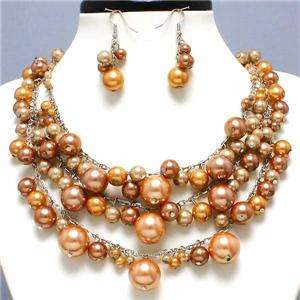 Chunky Layered Brown Pearl Statement Necklace Set  