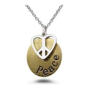   Engravable Two Tone Sterling Silver Heart Peace Sign Necklace Jewelry