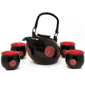  5 Piece Oblong Art Deco Black  Red Coin Tea Set   Gift 
