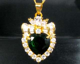 Heart Cut Green Emerald Yellow Gold GP Pendant Necklace  