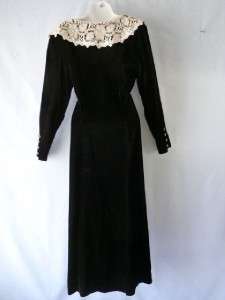   ORIGINAL Blck Velvet Button Gored Dress~Crochet Lace Collar~S/M  
