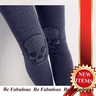 Gray Sexy Punk Rock Nana Gothic Rhinestone Skull Detail Leggings L XL 