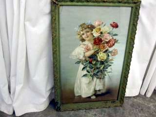 Antique Wood & Gesso Frame in Sage Green w Antique Print of Child w 