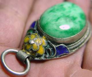 Rare Old Gigantic Emerald / Jade & Tibetan Silvers Pendant, 3 flowers 