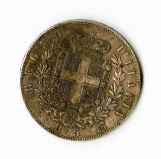 Italy Coin 1873 Silver 5 Lira XF  