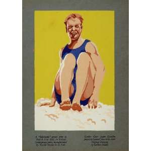  1929 Man Swimsuit Sand Beach Original Color Print 