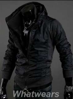 Mens Stand Collar Slim Double Zip Up Coat Short Jacket Black Z06 