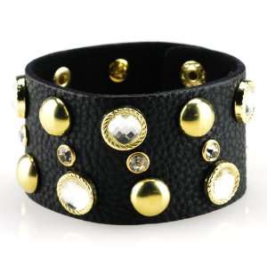  Black Leather Band Bracelet with Clear Rhinestones and 