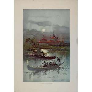  1893 Chicago Worlds Fair Lagoons Boats Moonlight Print 