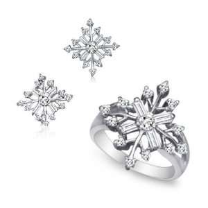  Sterling Silver CZ Snow Flake Ring Earrings & Pendant Set 