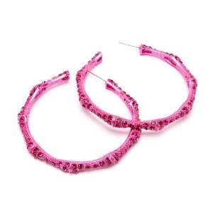   Gorgeous Fushia Pink Crystal Stud Open Bamboo Hoop Earrings Jewelry