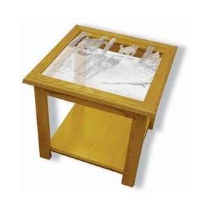  Oak Etched Glass End Table   Pack Attack (Wolves)