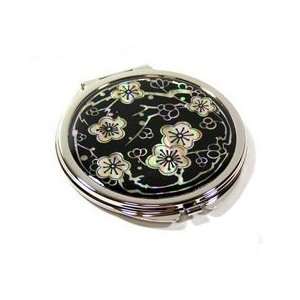   mother of pearl double hand mirror, compact type, black cherryblossom