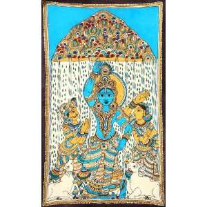 Shri Krishna Lifts Mount Govardhan   Kalamkari Painting on Cotton 