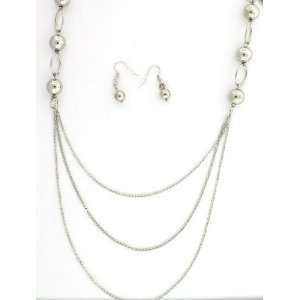 Triple Tier Draped with Rings and Beaded Chain Necklace and Earrings 