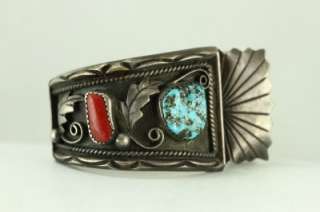   American Sterling Silver Jewelry Al Joe Coral Turquoise Watch Bracelet