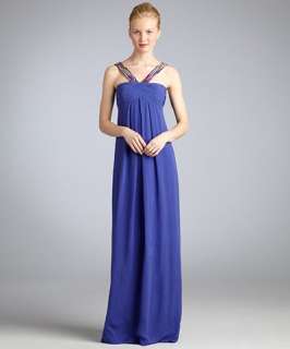 Nicole Miller periwinkle silk georgette embellished strap gown
