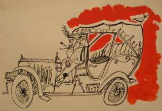   SIDED INK ILLUSTRATION DRAWING OF AN ANTIQUE CAR, MID CENTURY  