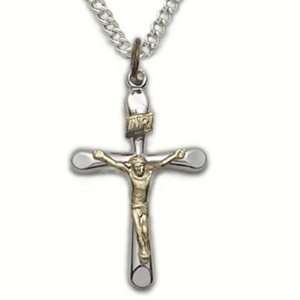  7/8 Sterling Silver 2 Tone Tube Crucifix Necklace on 18 