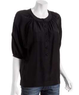 style #208294000 black silk ¾ sleeve button down blouse