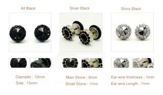 Mens Round Stainless Steel Black Crystal Stud Earrings  