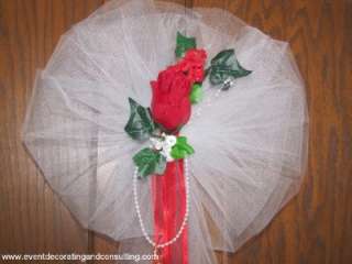 WHITE TULLE ROMANTIC RED ROSEBUD Pew Bows for Wedding  