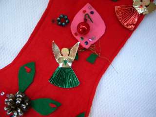 VINTAGE FELT Hand Made Foil Angels Japan Christmas Stocking Sequins 