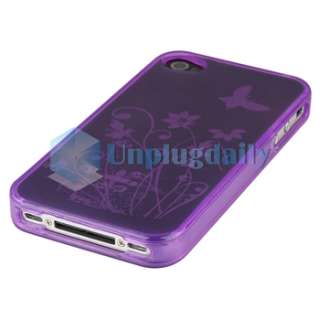 Purple Flower TPU Soft CASE+PRIVACY FILTER+Charger+Cable for iPhone 4 