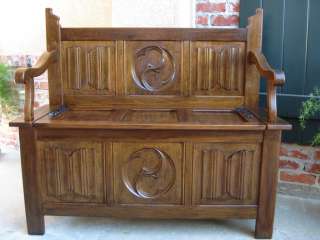   Vintage English Carved Oak Hall Bench Hope Chest Blanket Box Settee