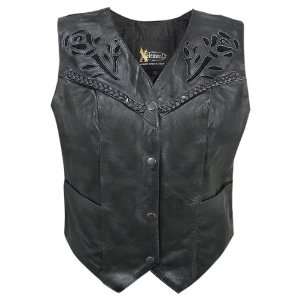   Womens Leather Biker Vest with Rose Inlay and Braid   Size  Small