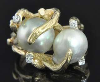   14K Gold Mabe Pearl Diamond Tree Branch Nugget Cluster Cocktail Ring