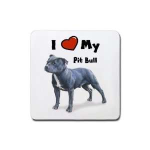  I Love My Pit Bull Rubber Square Coaster (4 pack) Kitchen 