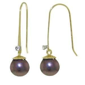   Gold Fish Hook Earrings with Genuine Diamond & Black Pearls Jewelry